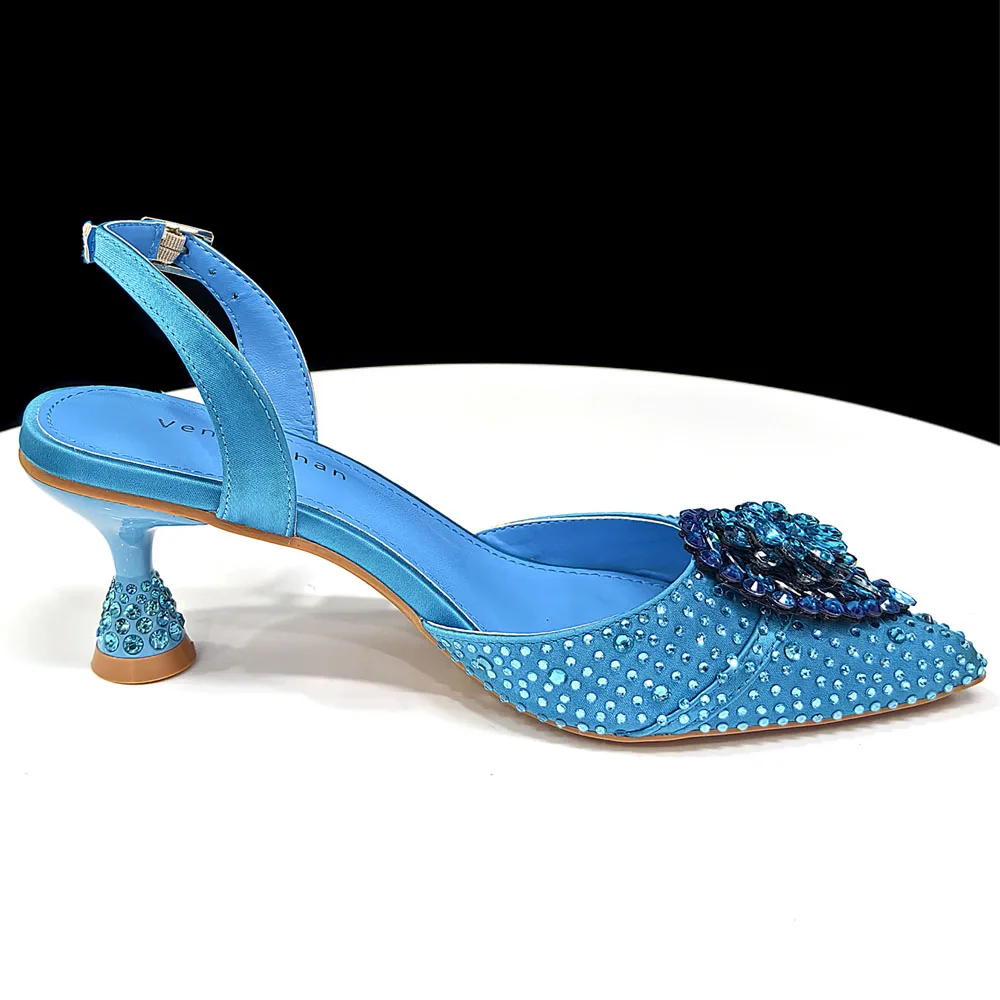 Venus Chan Blaue Strassbesetzte Bequeme High-Heel-Schuhe und Tasche im Modestil mit spitzer Zehenpartie für Damen oder als Pendler-Schuhe – Detail 28