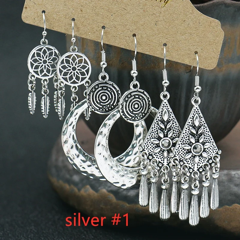 3Pairs Women's Fashion Jewelry Vintage Bohemian Ethnic Carved Dangle Earrings for Women Wedding Engagement Party Banquet Earring view 5