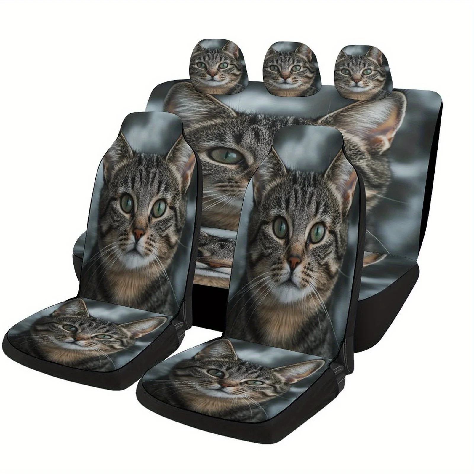 Tabby Cat Car Seat Covers Compatible For Most Cars - Tabby Cat Portrait With Tabby Cat Patterns, Front & Rear Seat Protectors, M
