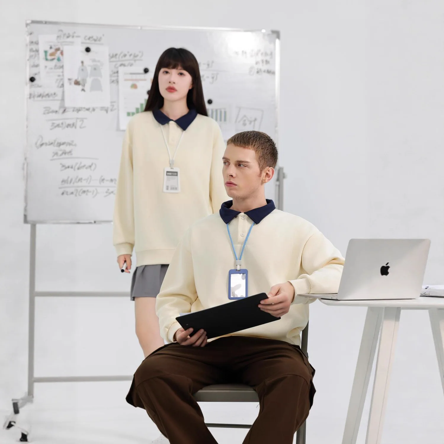 

Color matching collar long-sleeved POLO shirt custom printing logo teaching and training teacher team clothes work clothes