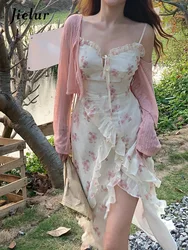 Jielur Summer Floral senza maniche Midi Dress elegante Sexy francese Vintage Strap Dress donna Party One Piece Dress coreano