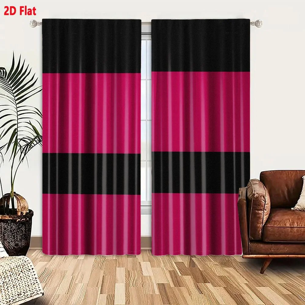 2Pcs Curtains 2D Flat Abstract Geometric Pattern Vertical Corrugated Panels Black And Magenta Stripe Design Glossy Textured Meta