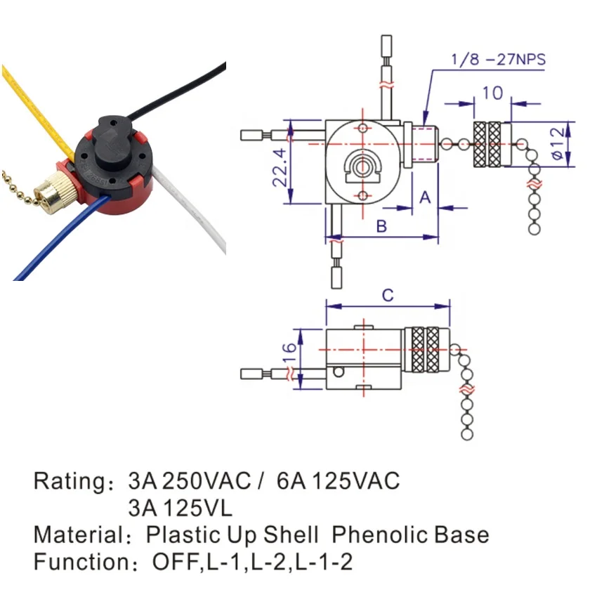 Zing Ear ZE-268S1 3 Speed 4 Wire Control Ceiling Fan Replacement Pull Chain Switch