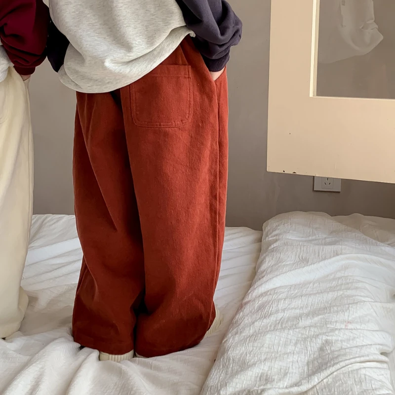 سراويل قطنية مستقيمة فضفاضة للأطفال ، سراويل غير رسمية ، أحادية اللون ، زر واحد ، أولاد وبنات ، كوري ، ربيع ، خريف ، جديد