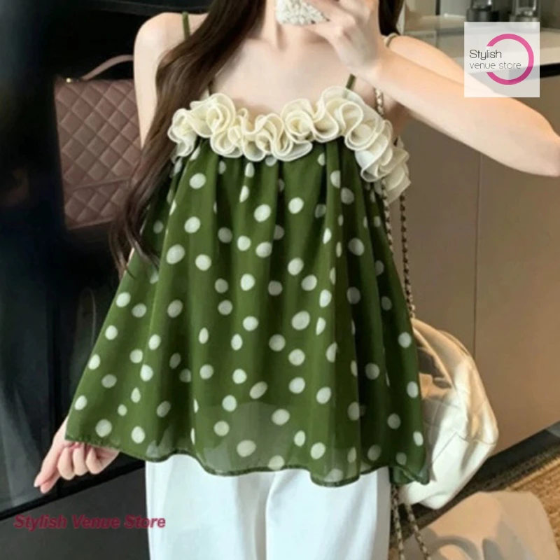 Korean sweet holiday wind contrast color polka-dot suspender women's summer new design sense three-dimensional ruffled top