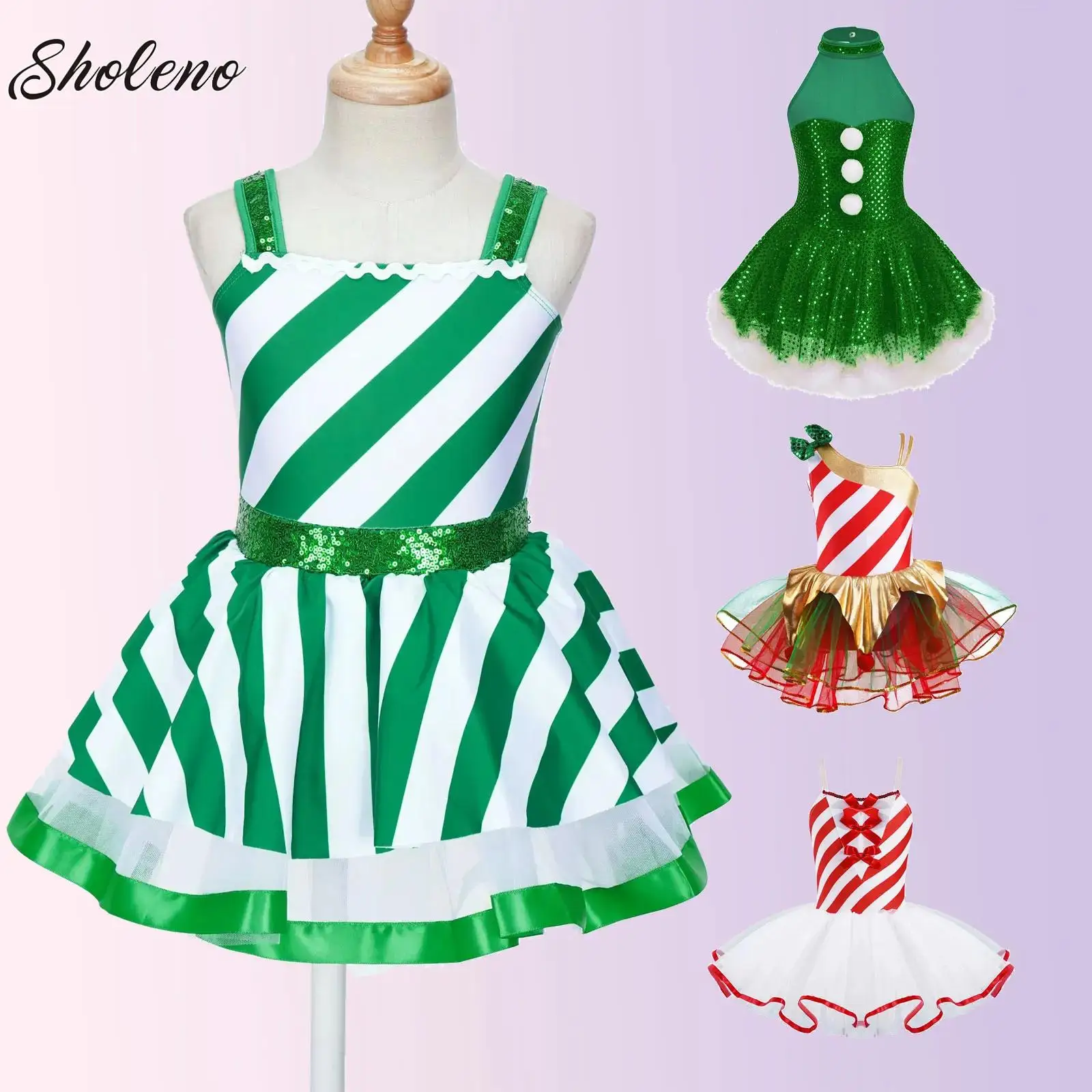 Girls Candy Cane Mrs Santa Claus Dress Up Costume Christmas Princess Elf Dance Performance Dress Figure Ice Skating Tutu Dress