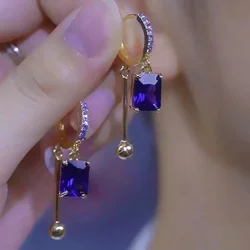 New Unique Purple Square Crystal Pendant Earrings for Women Fashionable Exquisite Elegant Temperament Girls Party Jewelry Gift