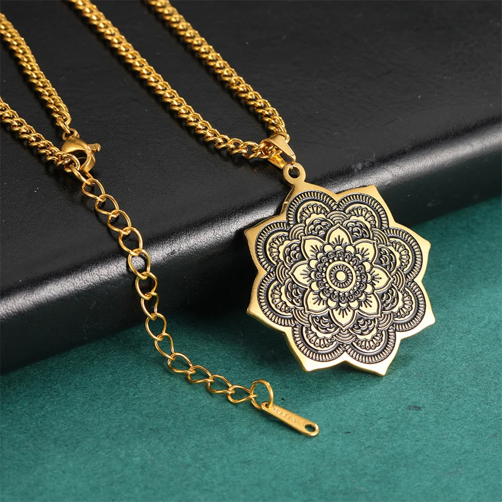 EUEAVAN Vintage Mandala Lotus Flower Pendant Necklaces Elegent Yoga Buddhism Necklace Wicca Sacred Geometry Fashion Jewelry Gift