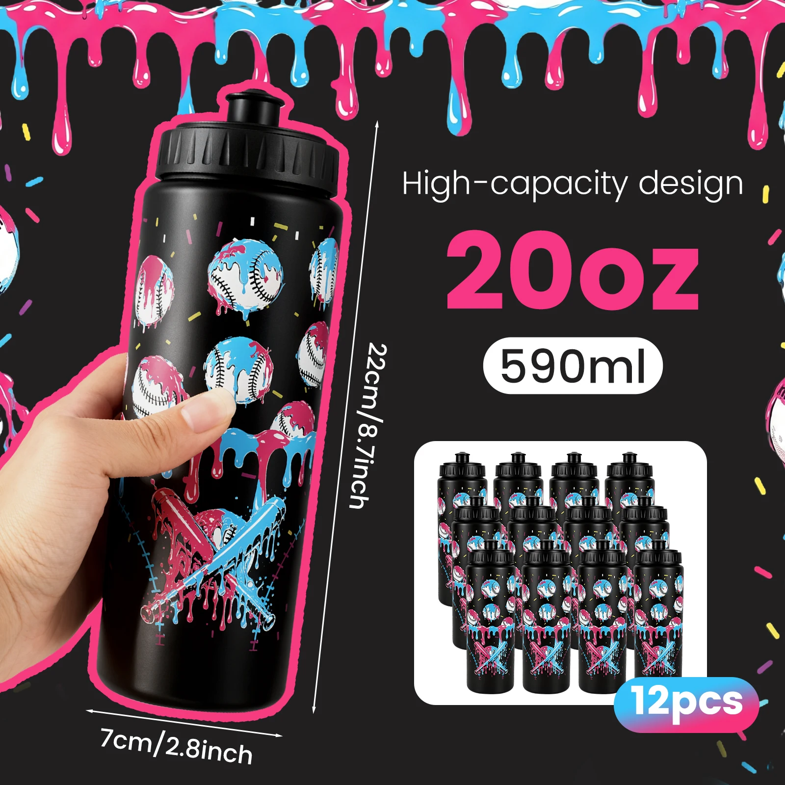 12Pcs Plastic Leakproof Black Sports Water Cup 20oz Baseball Drip Ice Cream Themed Water Bottle for Sports Riding Leisure Travel