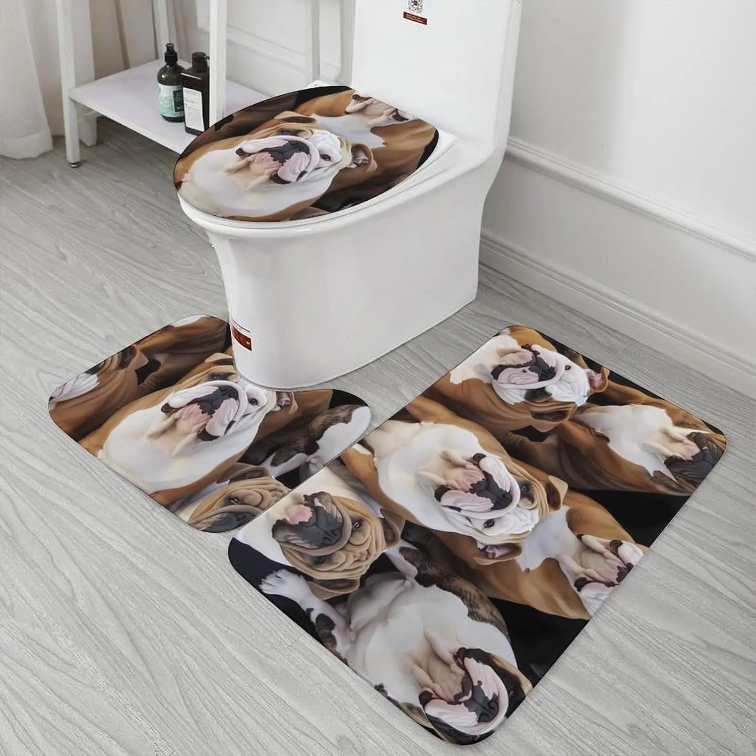 

3 Piece Bath Rug Set Non Slip Absorbent Bath Mat Contour Mat with Toilet Lid Cover English Bulldogs Soft Floor Mats for Bathroom
