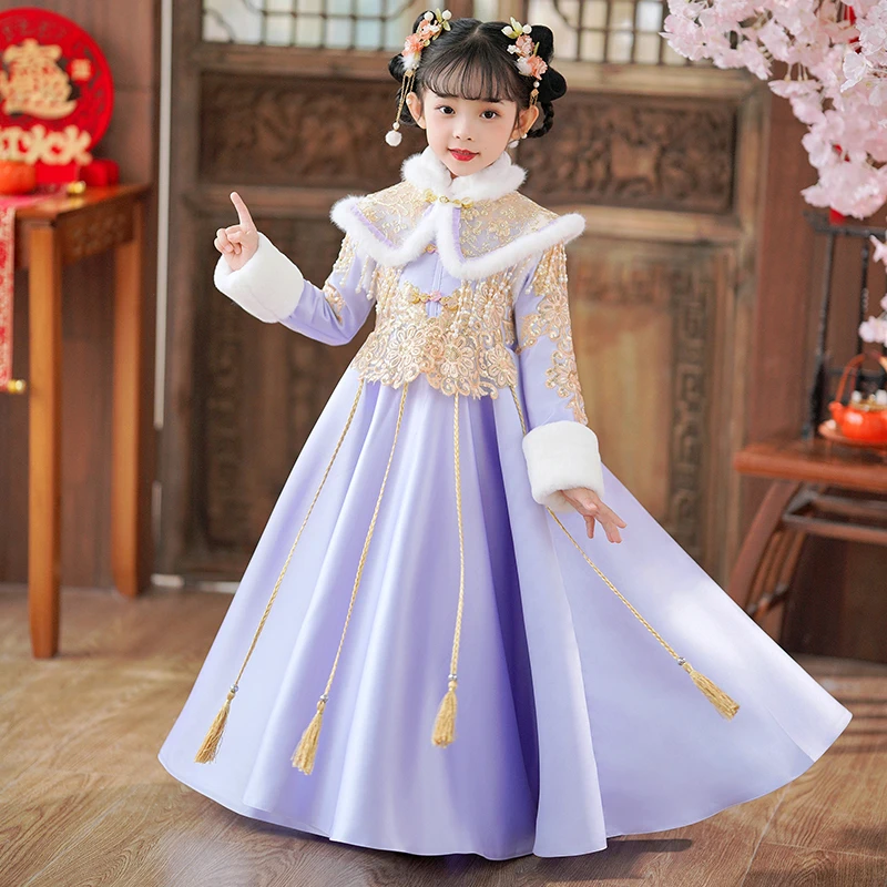 

Роскошный новый зимний толстый теплый костюм ханьфу для девочек, детский костюм древней феи, стеганое платье, детский костюм Тан, 2026, одежда на китайский Новый год