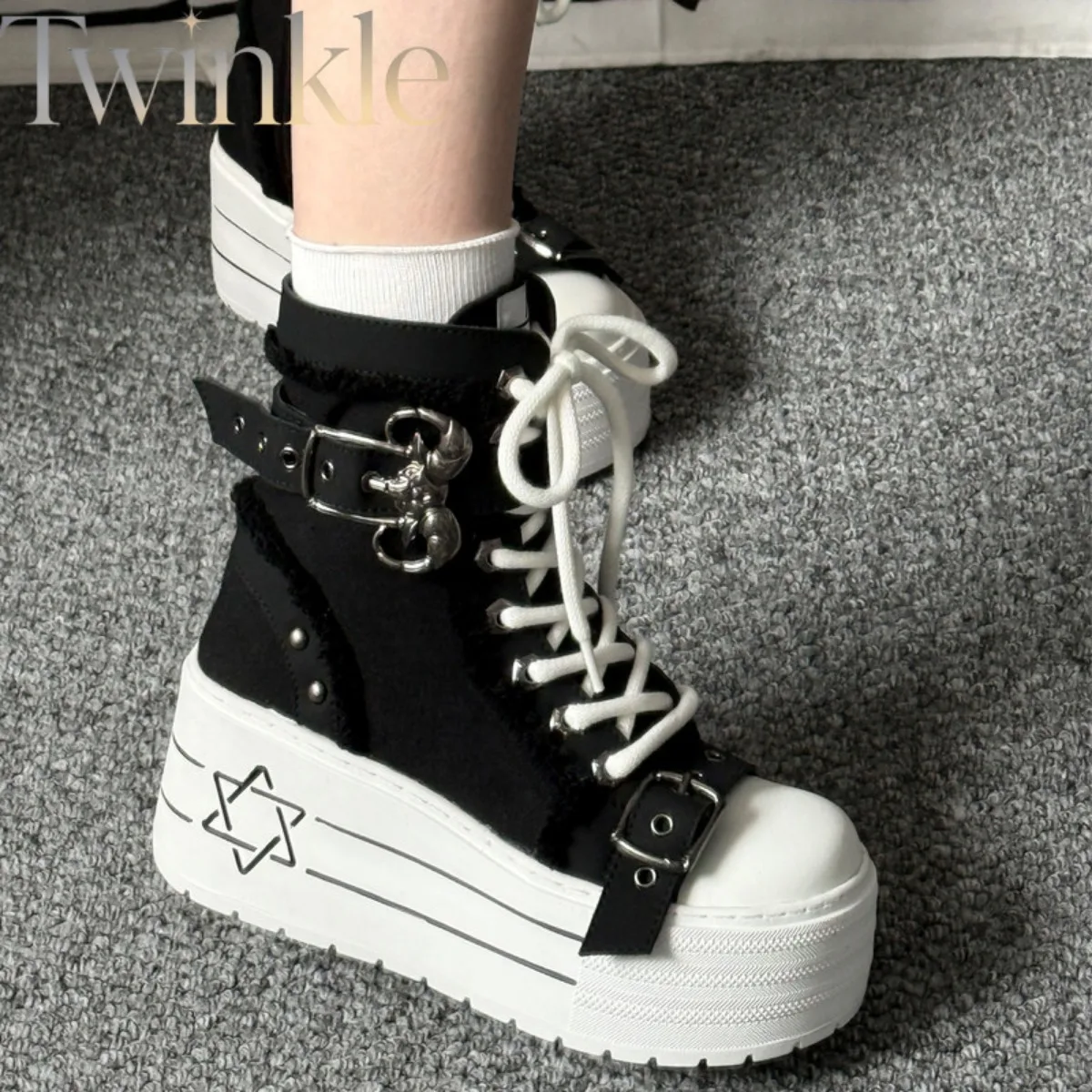 Subculture Punk Platform Canvas Shoes Ankle Boots Women Y2K Harajuku Thick Sole Chunky Sneakers Alternative Short Boots