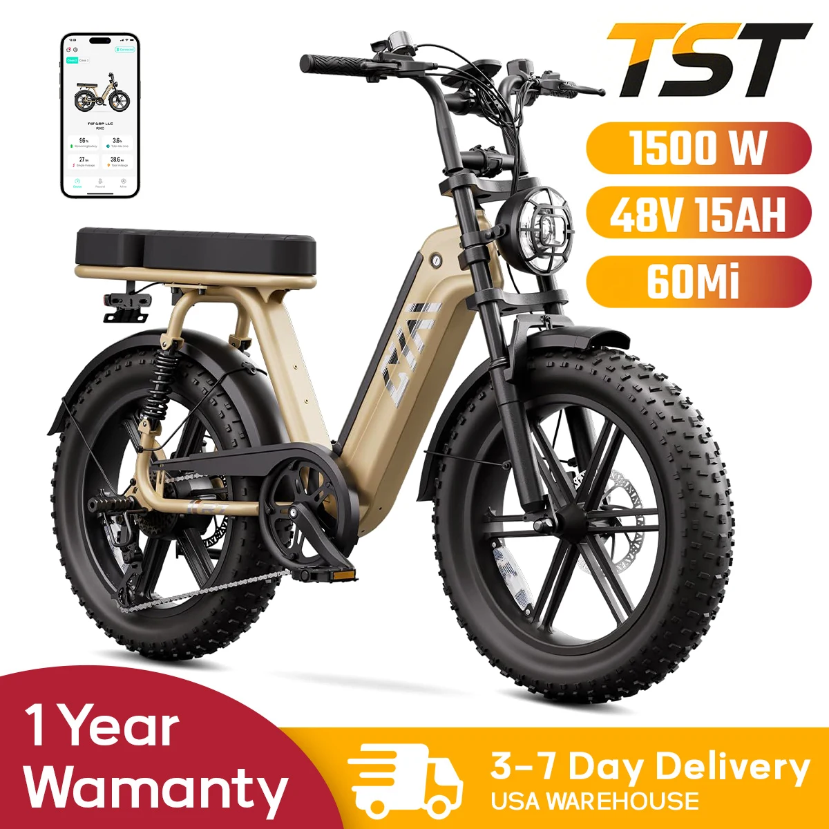 

TST R00C 1500W Electric Bike, 48V 15Ah, 28 MPH, 50-60 Miles Range, 20" Fat Tires, Rear Seat