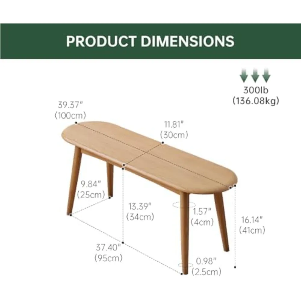 100% Solid Oak Wood Dining Bench, 39.5'' Entryway Bench Ottoman End of Bed Benches with Rounding Corner Design for