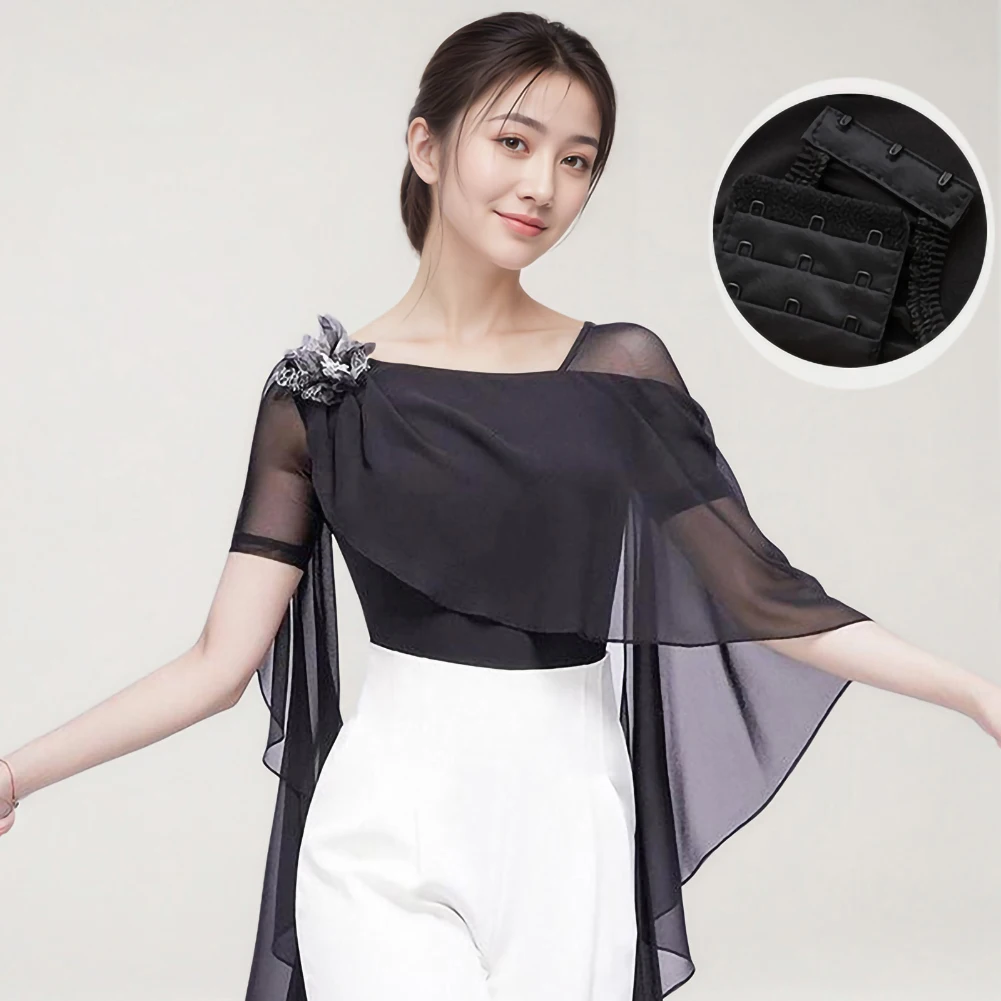 斜めネックラテンダンストップシンプルなステッチボール新しいエレガントな長袖トップ女性のメッシュブラックエレガントなジャンプスーツ