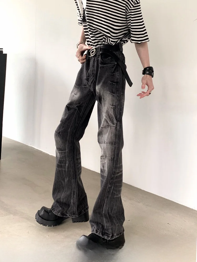 

Retro Black Denim Jeans Men's Faded Design Sensation Micro Flared Pants Asymmetric High Waist Distressed Straight Leg Jeans