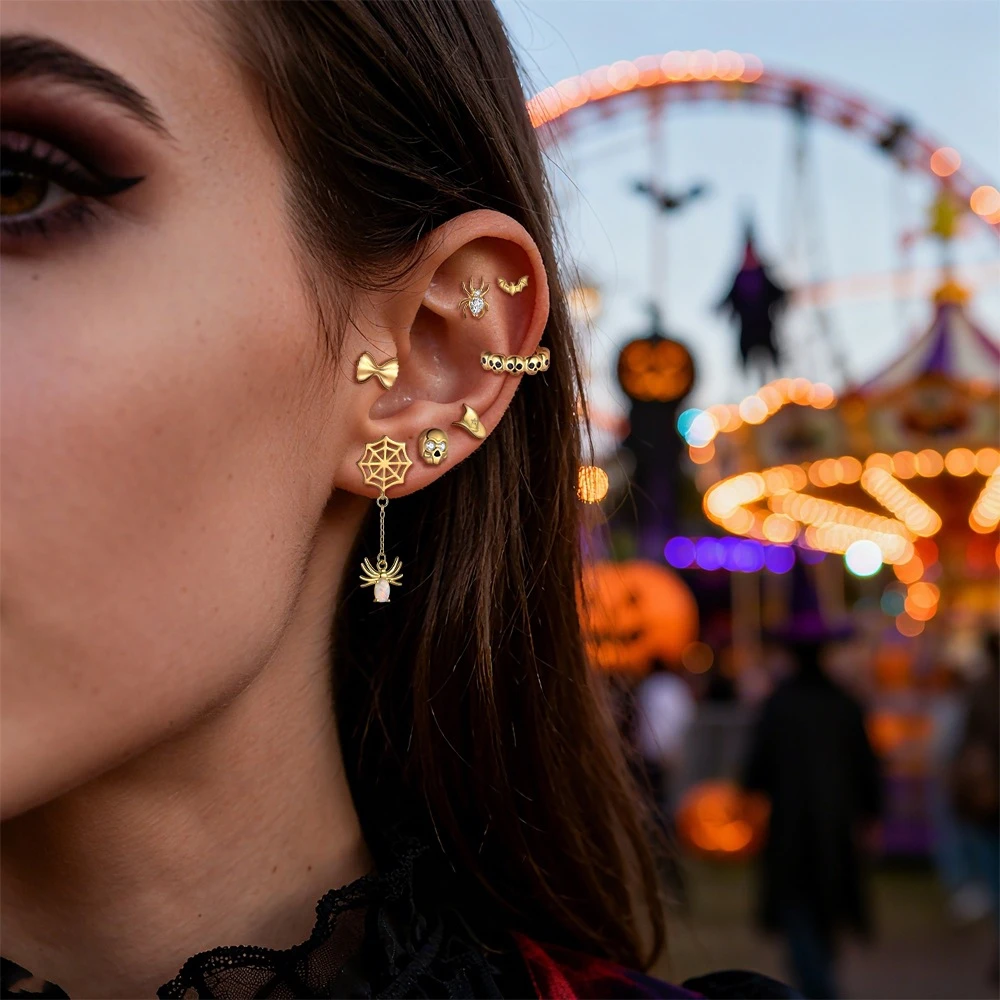 

S925 Sterling Silver Halloween Earring Set Skull Spider Design Women's Personality Piercing Earrings