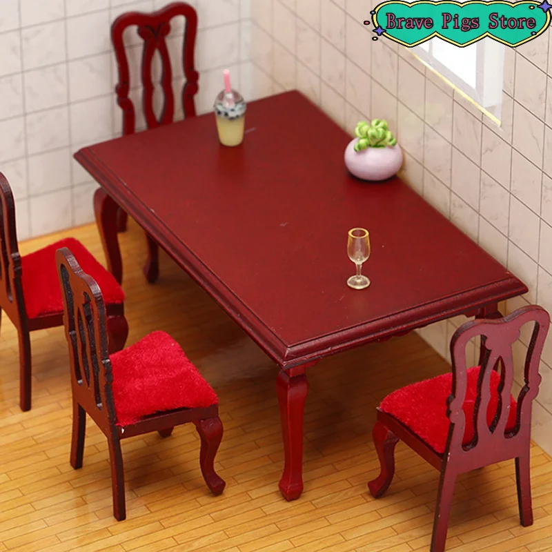 1 Pcs Miniatures Wooden Retro Simulation Dining Table Chair 1:12 Dollhouse Furniture Toy