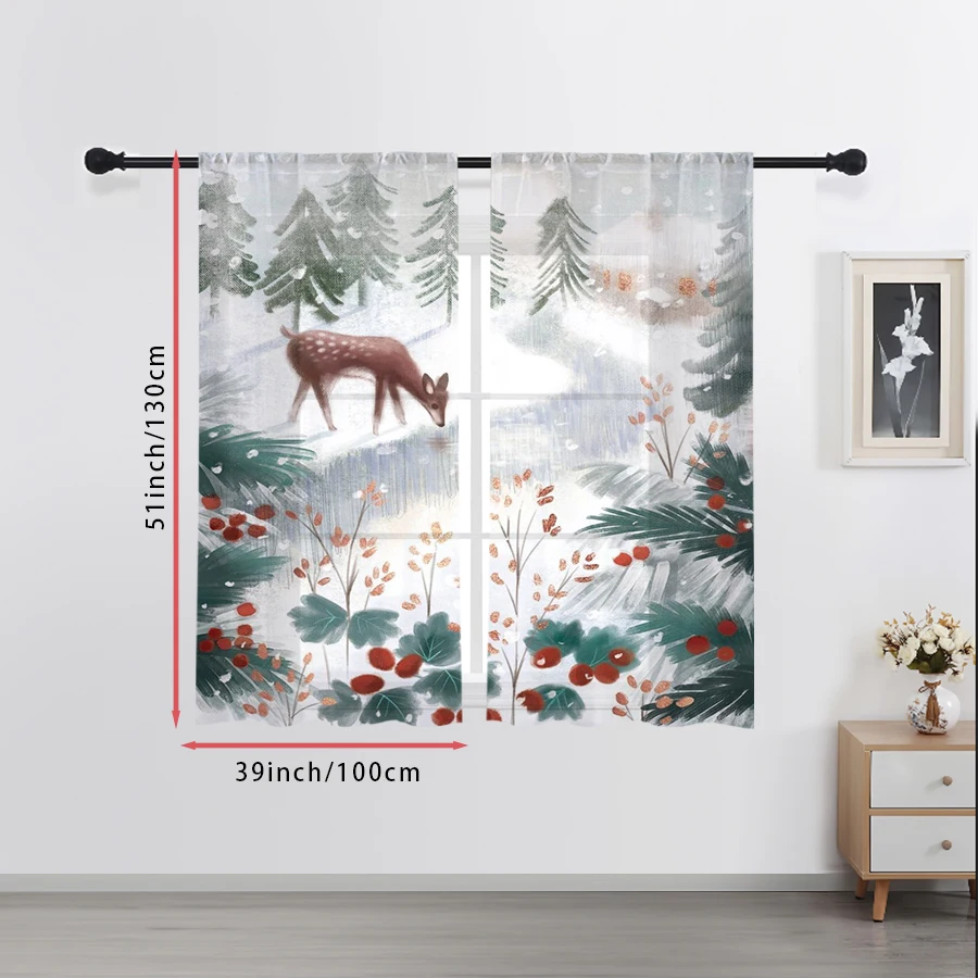 2PCS Sheer Curtains Watercolor Forest Deer Pine Berry Print, Window Voile Panels for Bedroom Living Room Christmas Decor
