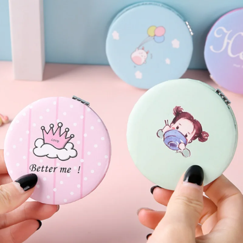 Cute Round Cartoon Mirror, Flip-Design Compact Mirror for Purse Travel Makeup, Portable Folding Handheld Mirror