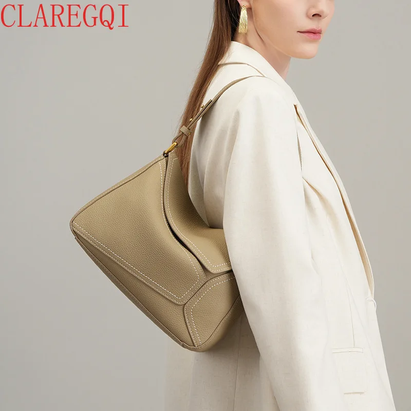 Head layer cowhide geometric bag design, niche crossbody bag, women's commuting armpit hand-held shoulder bag