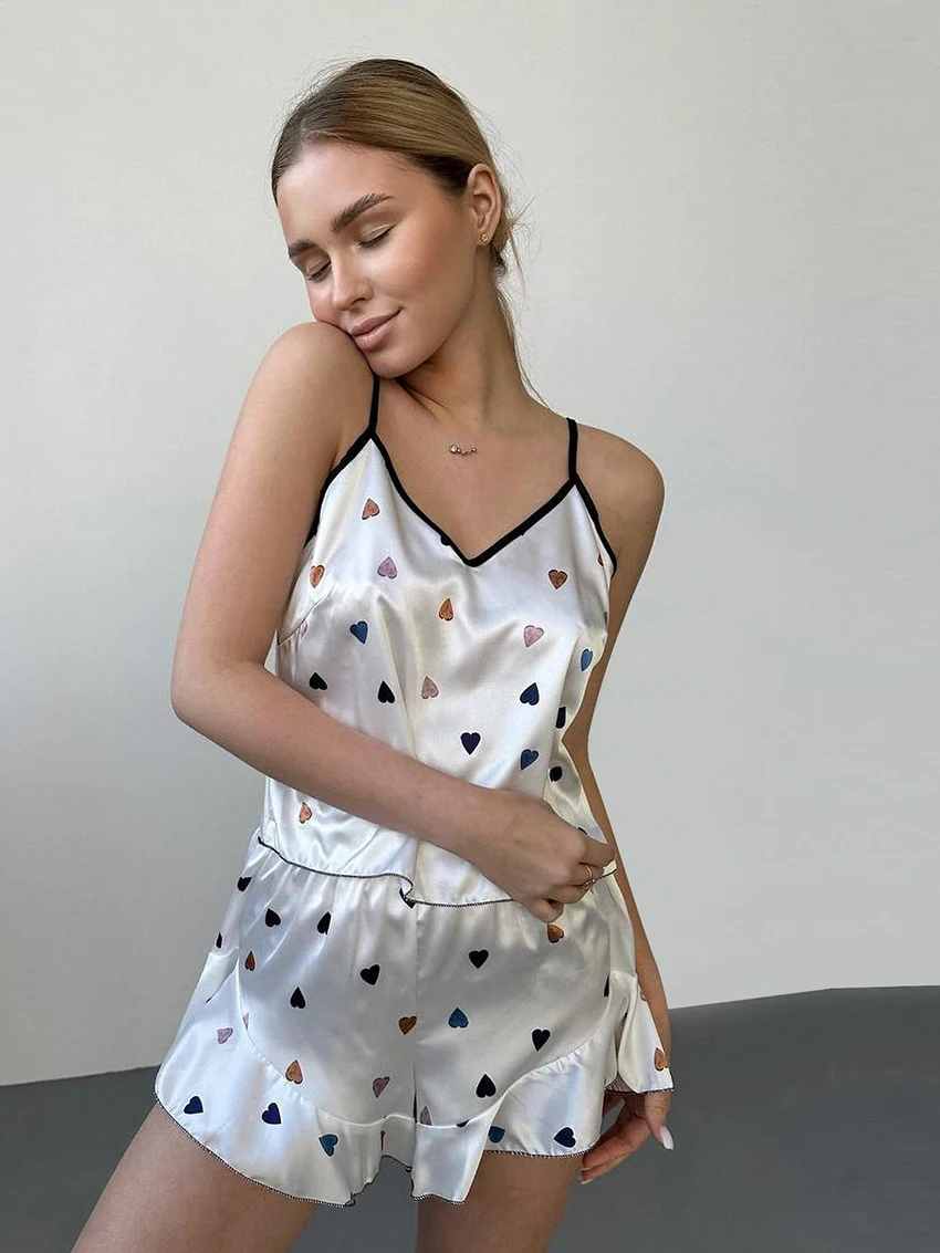 Mathaqiqi Casual Women Pajamas 2 Piece Suit Sexy Spaghetti Strap Sleepwear Tank Tops Nightie Shorts Printing Ladies Home Clothes