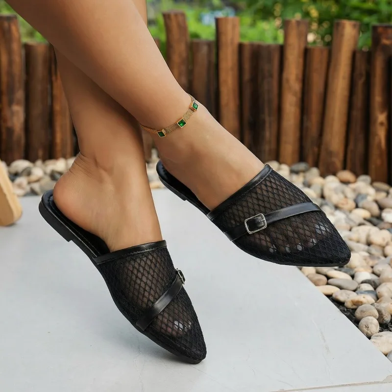 

Носите новинка 2023 года, ленивые полудратягивающие женские туфли на плоской подошве с острым носком и сеткой Lazy Baotou, лето