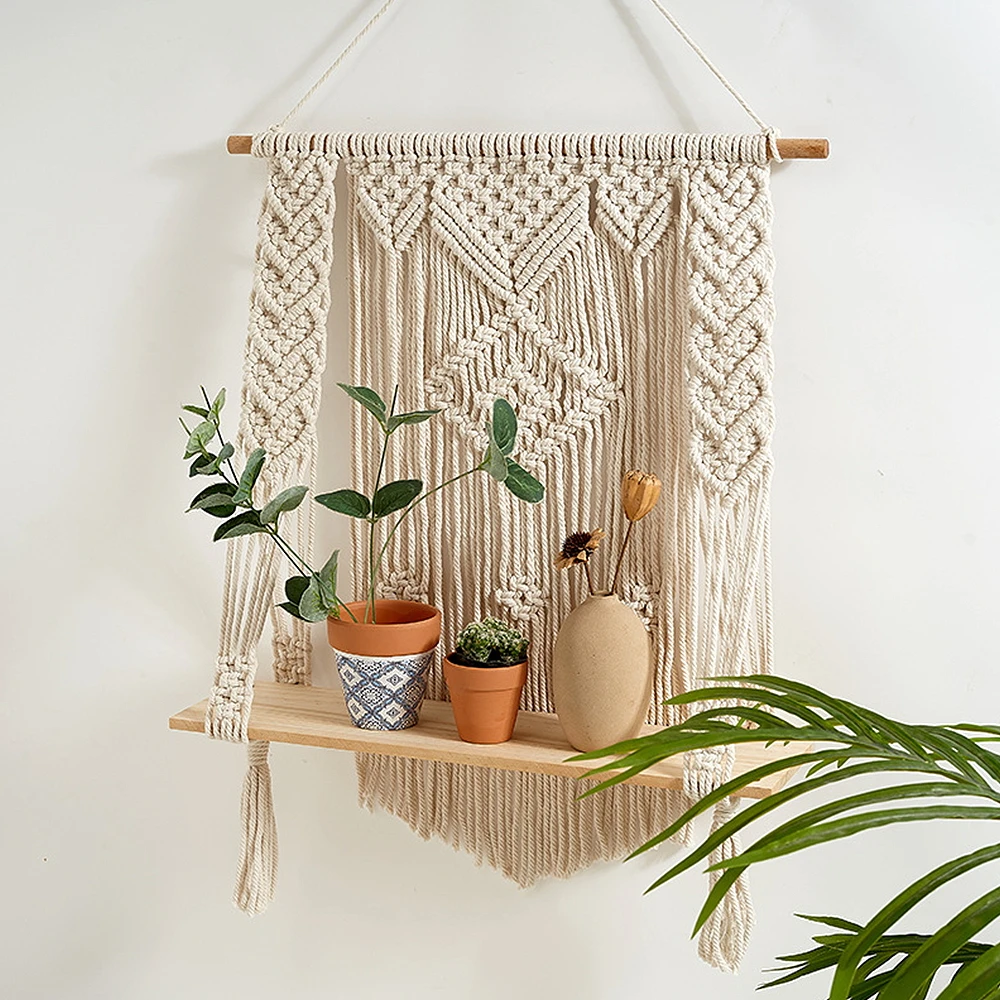 Floating Shelves Wood Stand Boho Home Decor Rope Shelf Living Room Bedroom Tapestry Wall Hanging Decor Display Stand  50*70CM