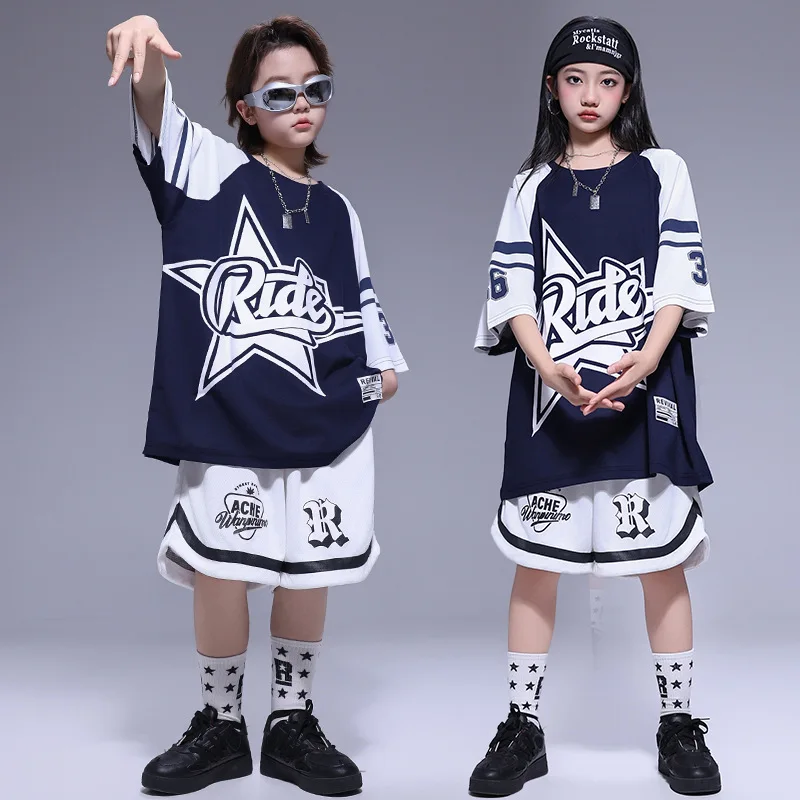 

Kid Kpop Hip Hop Clothing Navy Letters T Shirt Top White Casual Summer Wide Shorts for Girl Boy Jazz Dance Wear Costume Clothes