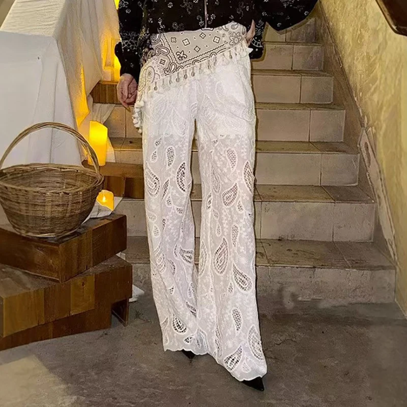 Pantaloni scavati ricamati stile vacanza da donna, pantaloni larghi con sciarpa quadrata, dritti di alta qualità, estate, novità2025