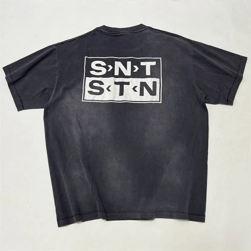 

25SS Классический стиль SAINT MICHAEL Черные футболки Мужчины Женщины 1:1 Лучшее качество SAINT Crack Logo Washed Ретро Топы Футболка