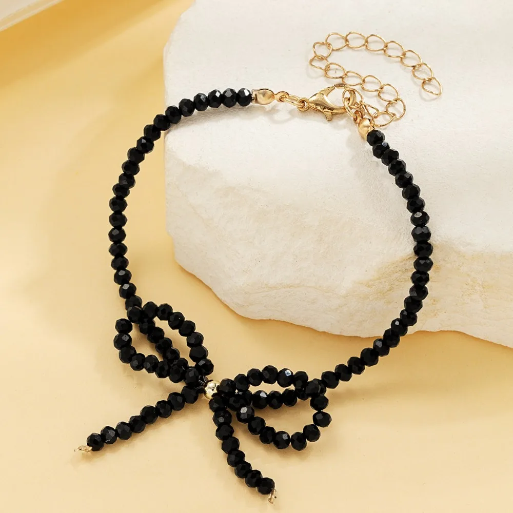 Sweet Temperament Black Imitation Crystal Beaded Bowknot Adjustable Anklets for Women Beach Valentine's Day Date Foot Jewelry