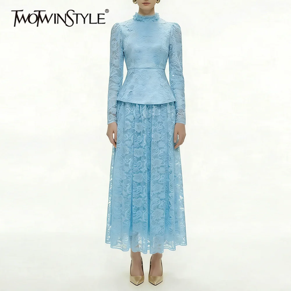 TWOTWINSTYLE Solid Slimming Spliced Mesh Two Piece Set for Women Round Neck Patchwork Lace Up Top Skirt Sets Female Elegant  New