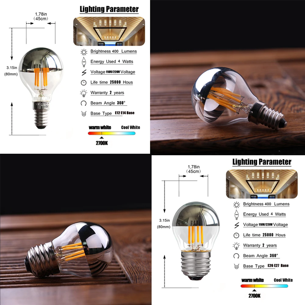 Vintage E14 Led Bulb Silver Mirror G45 4W Filament Light Bulb E27 Dimmable Replaceable Warm White Indoor Lights Decoration Home