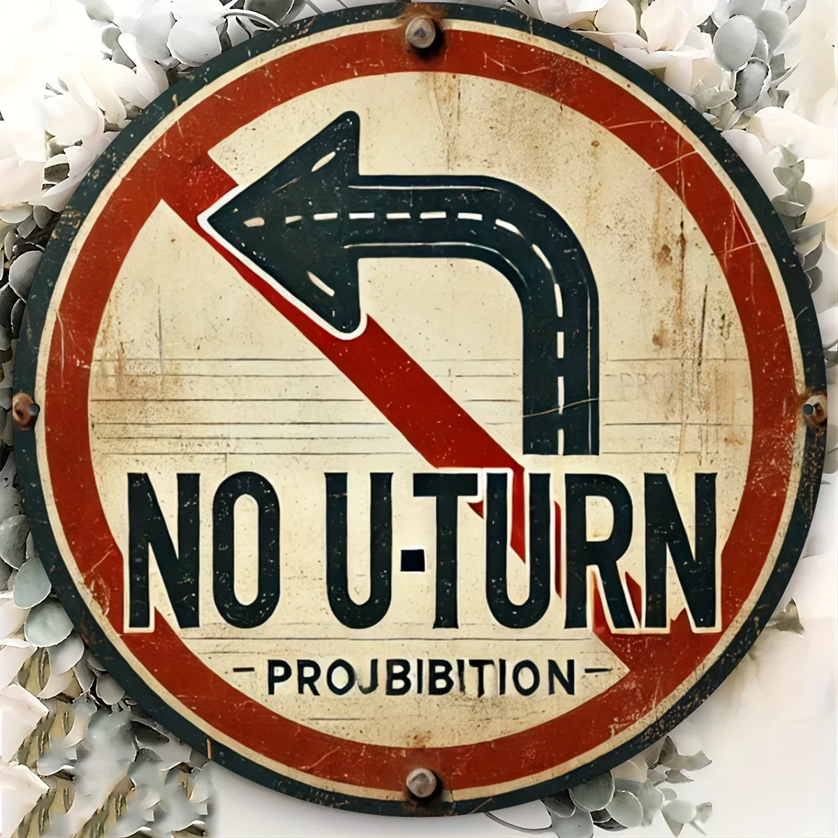 Señal de tráfico de aluminio vintage "No U-Turn", entrada de entrada de metal rústica, placa de prohibición unidireccional para decoración del hogar