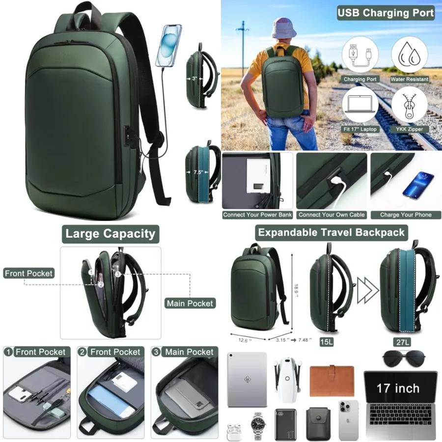 

Business Backpack Slim Expandable Waterproof Travel Laptop Backpacks with USB Charger Port Anti-Theft Lightweight Large Work Co
