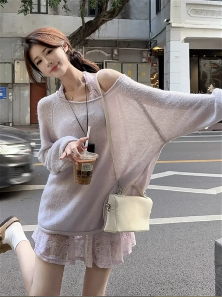 New Spring Fashion Sweater Women 2 Pieces Sexy Sheer Halter Mini Dress&Oversize Knit Thin Pullover Shirt Chic 2pc Matching Suits