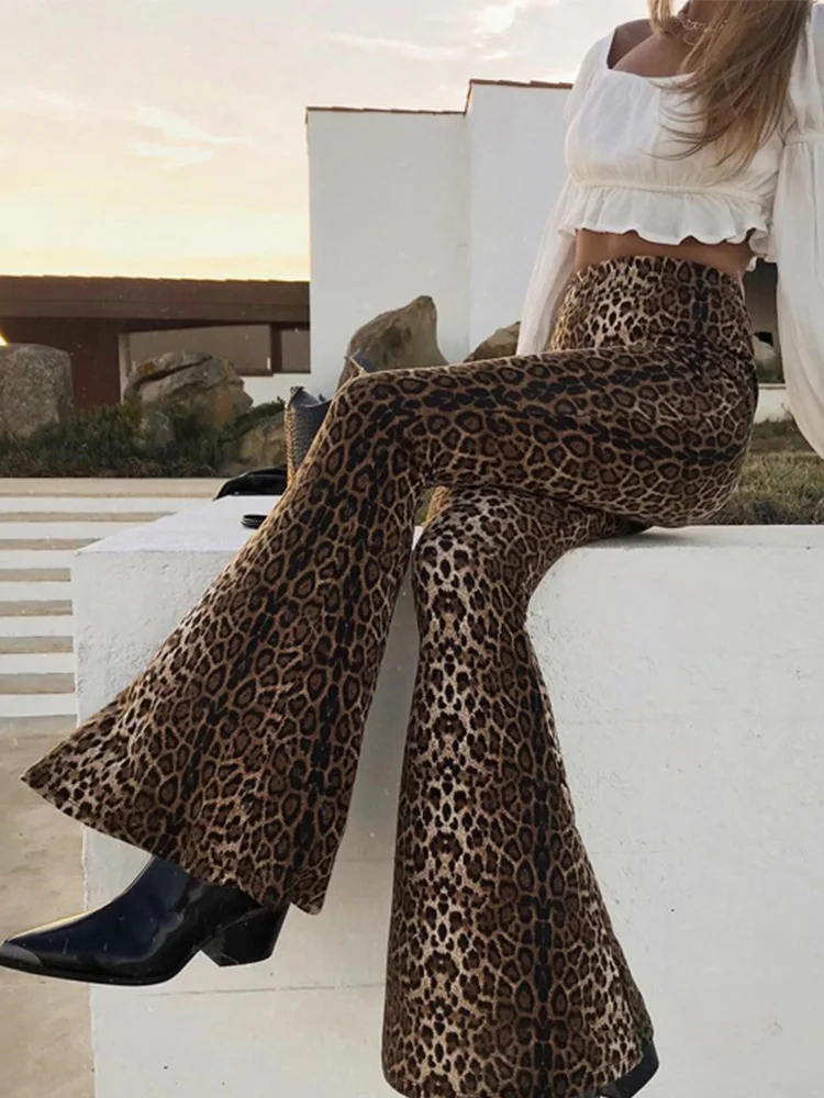 Leggings acampanados con estampado de leopardo de cintura alta para mujer, pantalones ajustados sexys a la moda para otoño e invierno, 2024