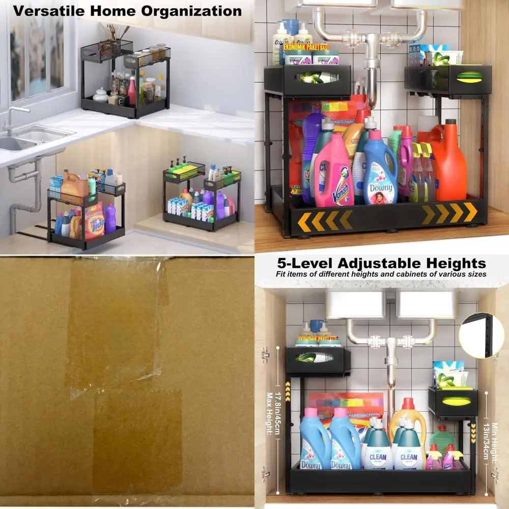 

Expandable Metal Pull-Out Under Sink Storage Rack, 2-Tier, Adjustable Height, 14-21 Width, 13-17 Height, Kitchen and Bathroom Ca