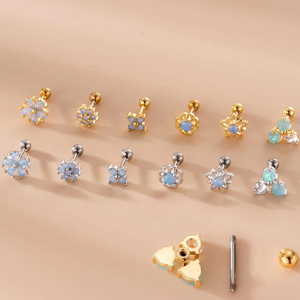1 PCS Cute Light Blue Stone Geometric Stud Earring for Women Elegant Steel Screw Helix Bar Ear Cartilage Pierc Cuff Accessories