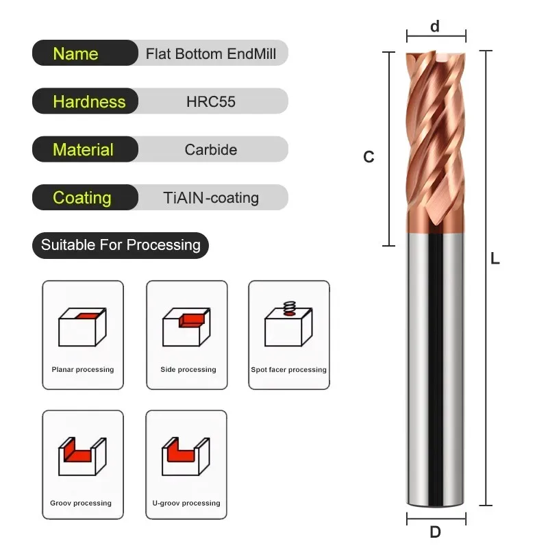 SHAZAM HRC55 1.0mm-8.0mm 10-piece/set 4-Flute Milling Cutter Tungsten Steel Carbide Nano Coating For CNC Flat End Mill Tools