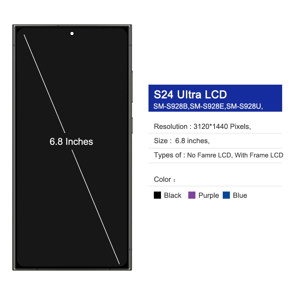 AMOLED LCD For Samsung S24 Ultra SM-S928B SM-S928B/DS S928U Display Touch Screen Digitizer Assembly Pass With Frame