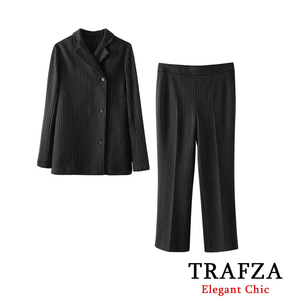 

TRAFZA-Women Elegant Set Button Slim Black Shirt+Straight-leg Pant New 2024 Spring Fall Office Lady Commuter Set