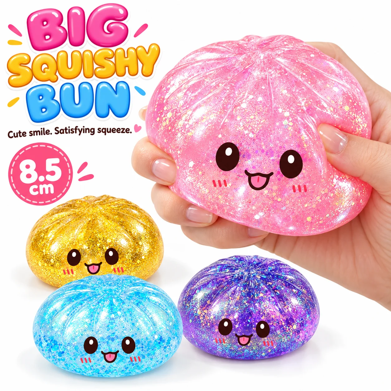 8.5cm Large Glitter Dumpling Squishy Toy Cute Soft Squeeze Stress Ball Sensory Fidget with Steamer Box Gift