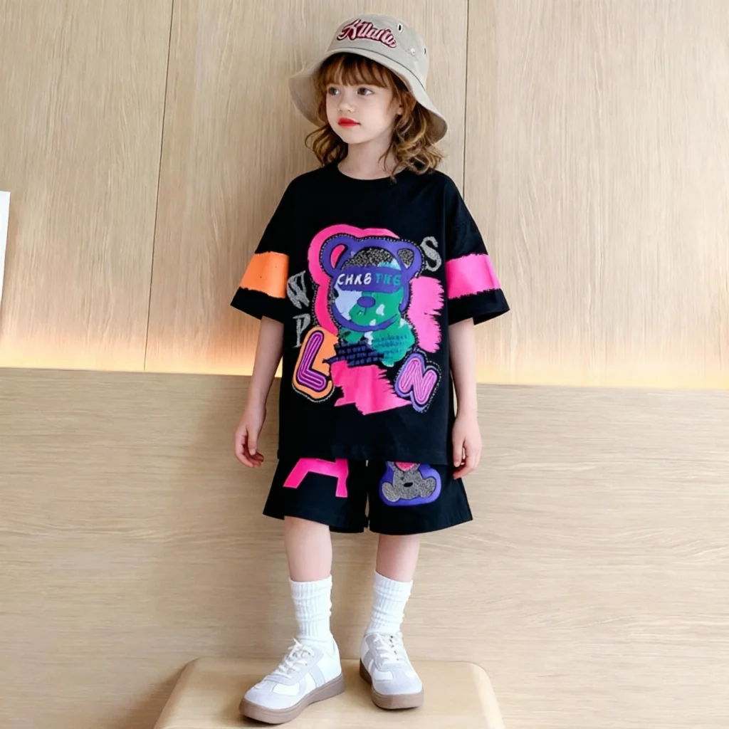 Summer Girls Cotton Stylish Cartoon Print T-shirt Top+Shorts Pant Set School Kids 2PCS Tracksuit Children Jogging Outfit  345