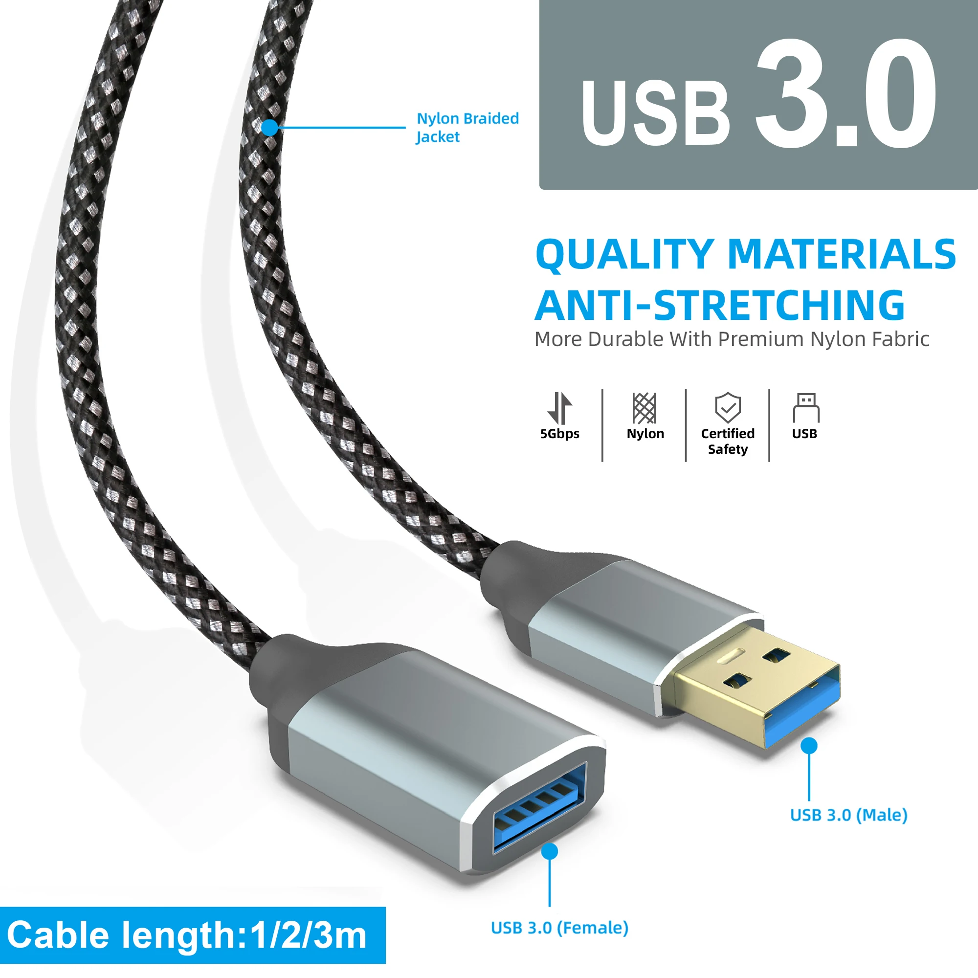 Nylon Braided USB 3.0 Male-To-Female Extension Cable Fast High-Speed Transmission Data Cable for Computer Printer Laptop Mobile