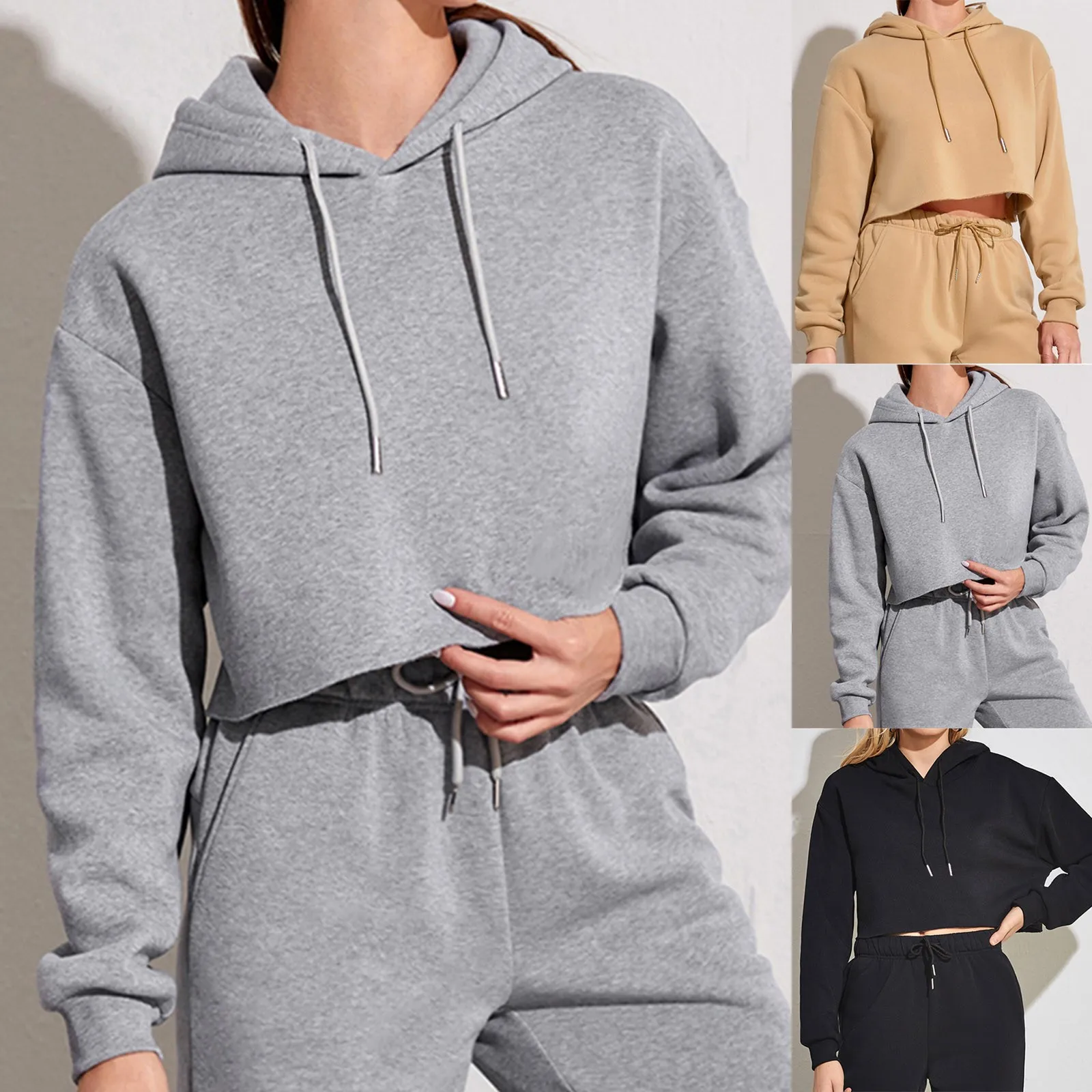 Hooded Solid Sweatshirt Color Casual Long Women Sleeve Crop Loose Hoodie Top Sweater Light Harajuku Female Pullover Y2k 2023