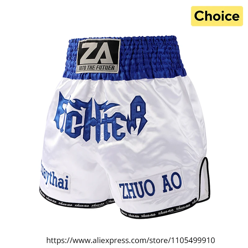 Box- und Muay-Thai-Shorts aus Satin in Blau-Weiß, Bestickte Kickbox-Shorts für Kampfsport, MMA-Sparring, Training und Wettkampf