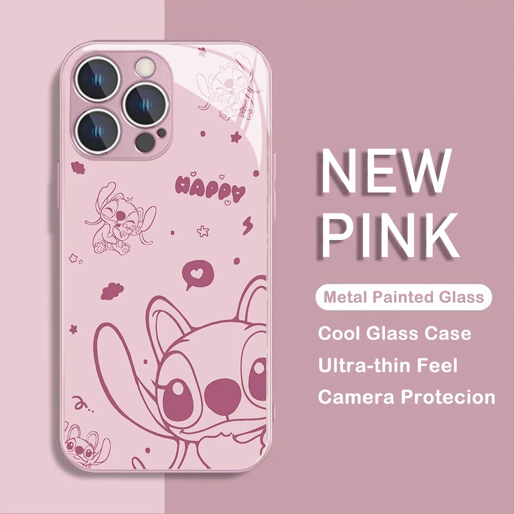 Disneys Pink Stitch Metallic-Color Phone Case For iPhone X XR XS 16 15 14 13 12 Mini 11 Pro Max 7 8 SE 20 Plus Glass Hard Cover image 4