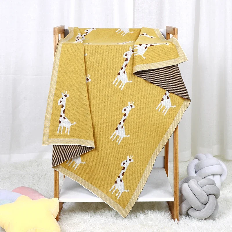 Baby Blanket Cotton Plaid Knitted Newborn Girl Boy Bed Crib Soft Quilt Cute Giraffe Elephant Infant Stroller Swaddling 100*80 CM